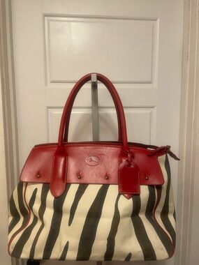 Red Leather-Trimmed Zebra Print Tote Bag